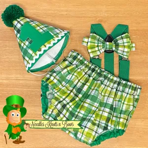 Boys Green Plaid Cake Smash Outfit, St. Patrick's Day 1st Birthday Outfit