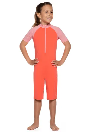 Kid's Barracuda Neck-to-Knee Swimsuit  |  Vivid Coral Colorblock