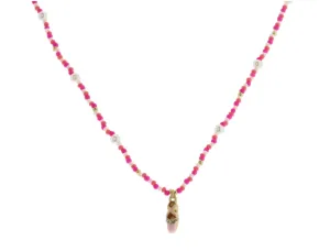 Kids Multi Pink With Pearl Accents Beaded With Pink Enamel Ballet Slipper Necklace